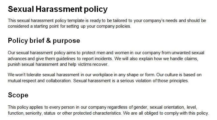 Workable's sample harassment policy.