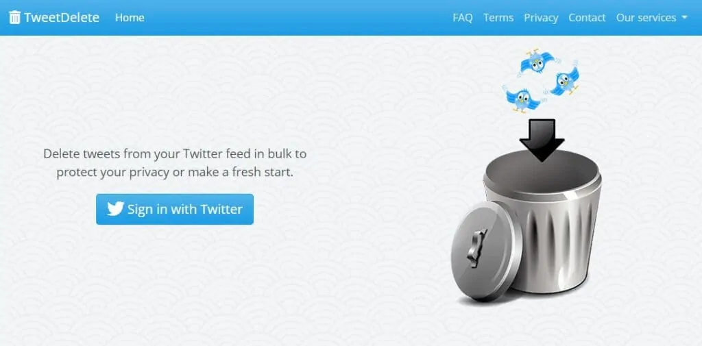The TweetDelete homepage.