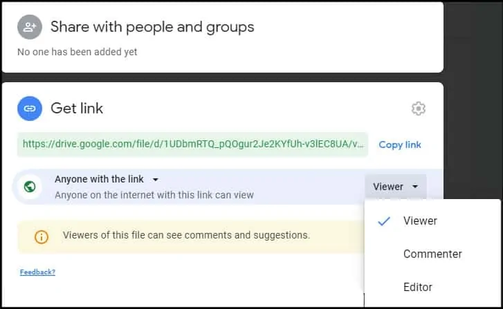 Google Drive link share settings