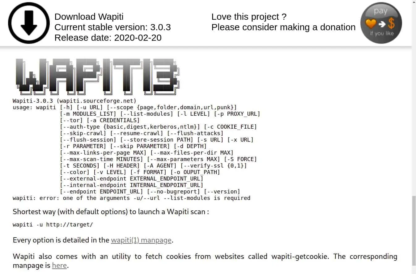 Wapiti3 - homepage screenshot