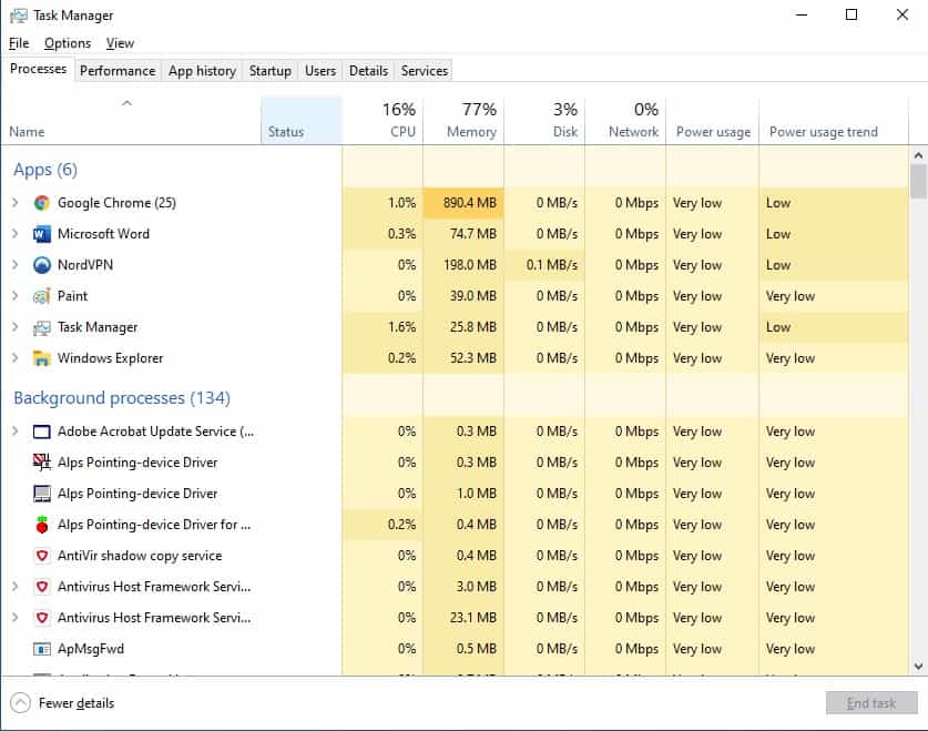 Windows Task Manager Processes view