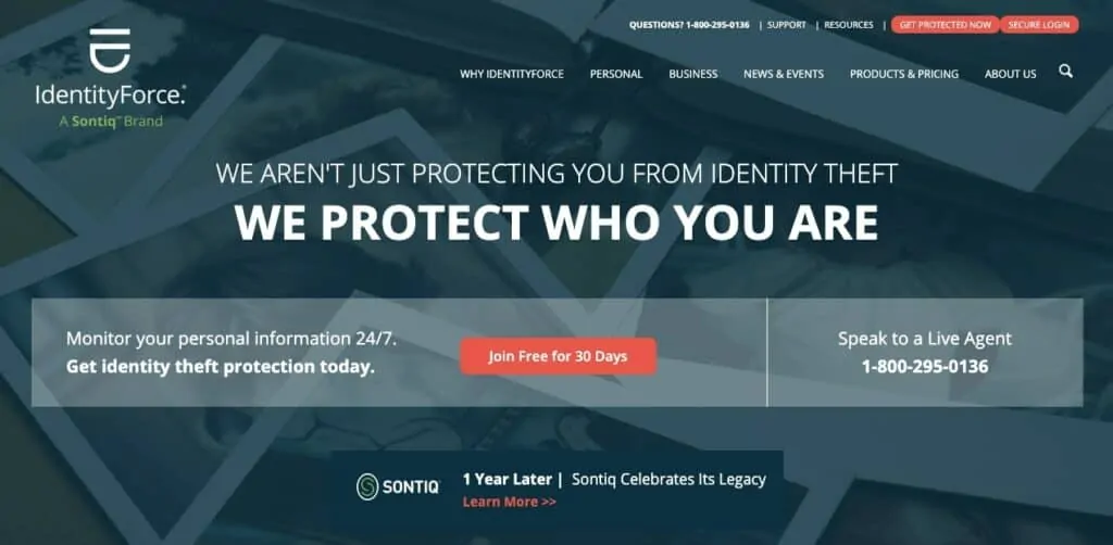 The IdentityForce homepage.