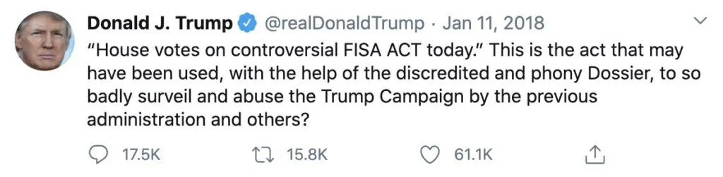 Donald J. Trump tweet about controversial FISA Act