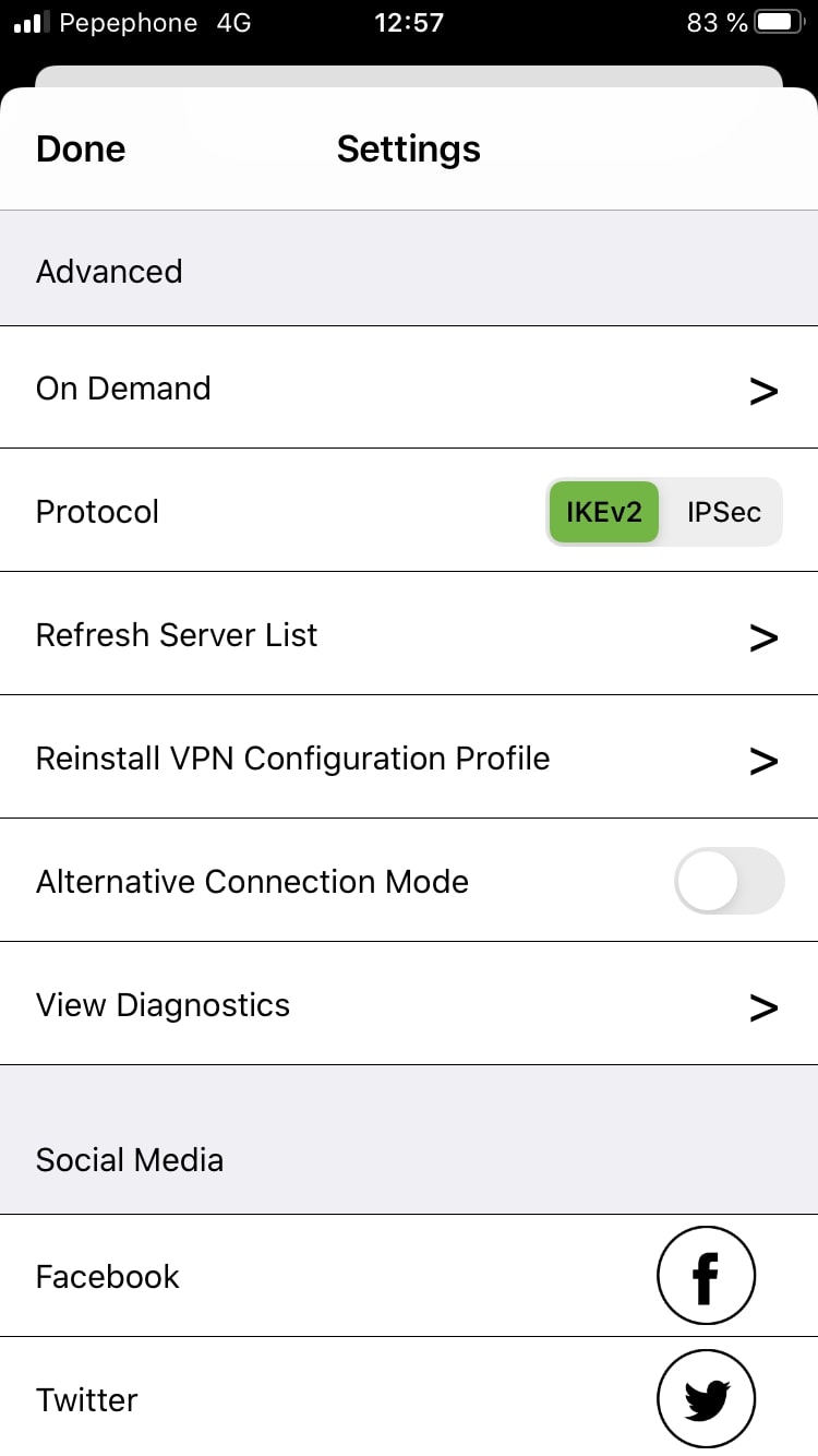 IPVanish mobile app settings