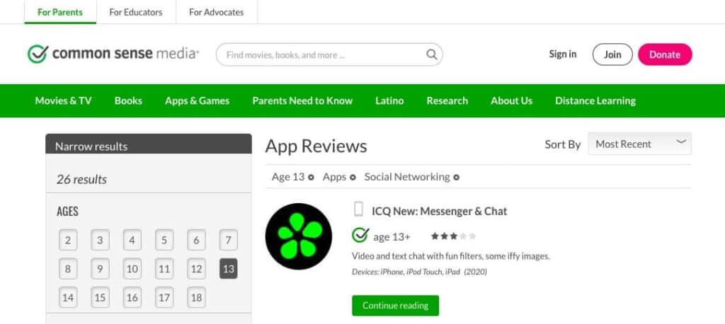 Common Sense Media app reviews.