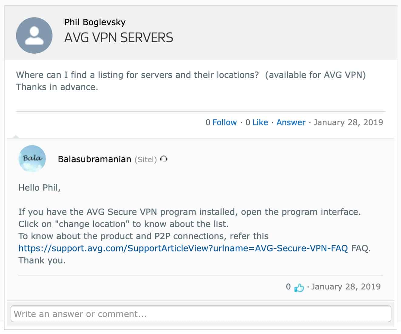 AVG Server List - Support