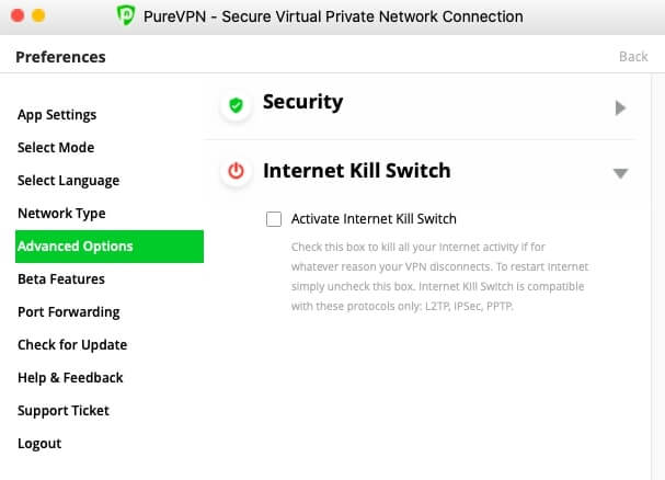 PureVPN kill switch.