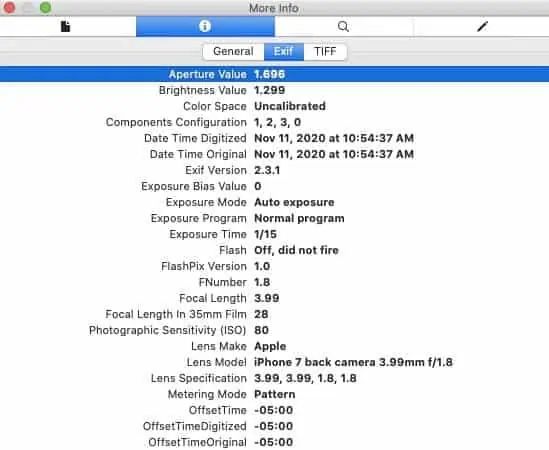 EXIF metadata on Mac.
