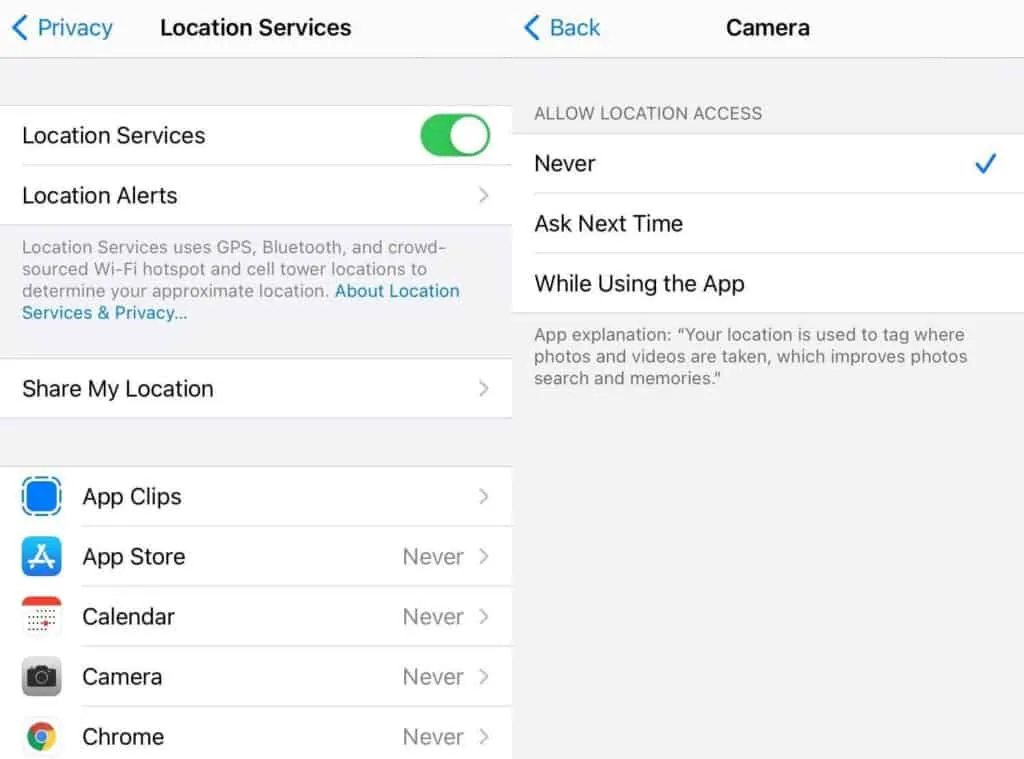 iOS Location Services screen.