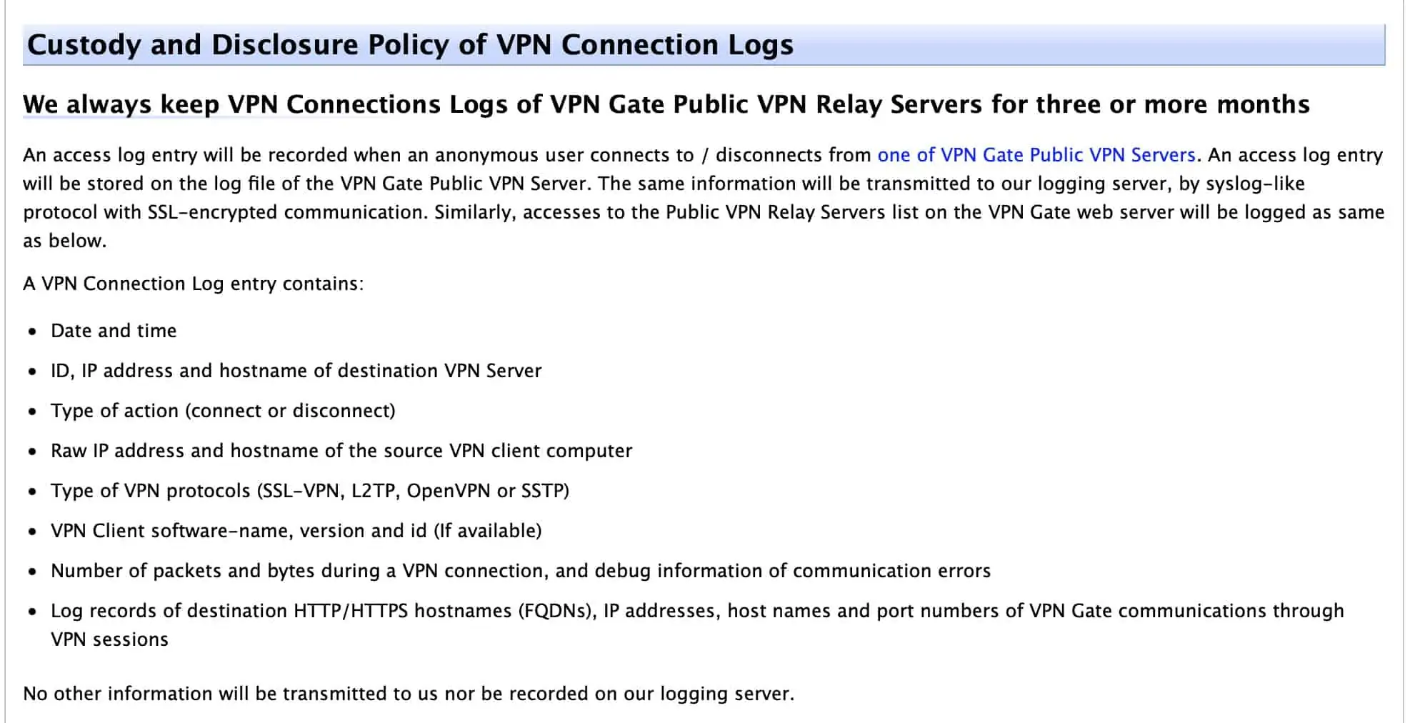 VPNGate - Privacy Policy - Data Collection