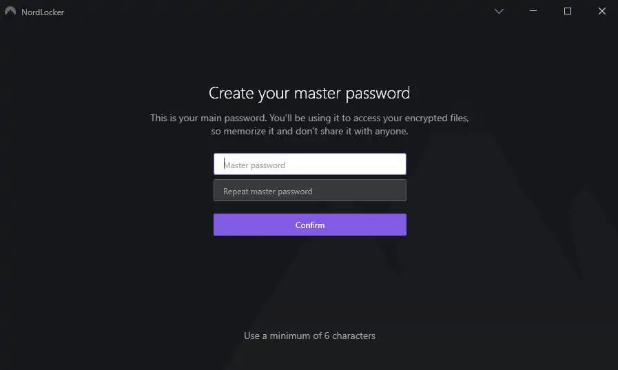 Create master password screen.