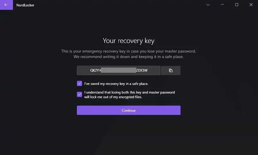 NordLocker review recovery key.