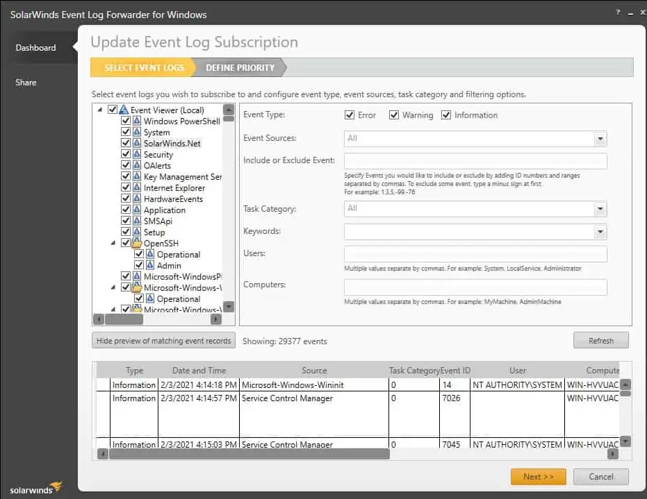 SolarWinds Event Log Forwarder for Windows Update Event Log Subscription Screen