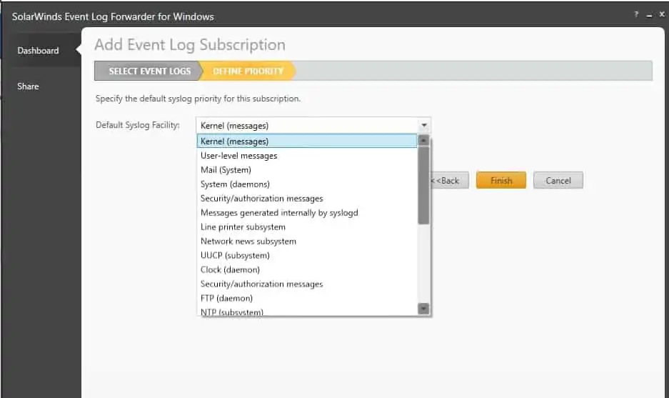 SolarWinds Event Log Forwarder for Windows Add Event Log Subscription Define Priority Screen