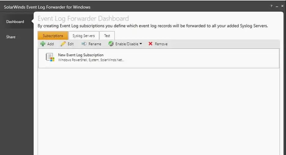SolarWinds Event Log Forwarder for Windows Add Event Log New Entry Screen