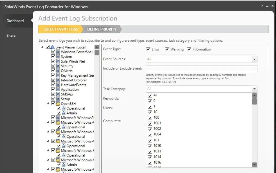 SolarWinds Event Log Forwarder for Windows Add Event Log Subscription Screen