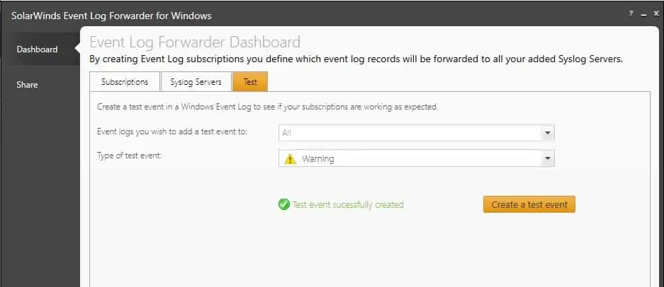 SolarWinds Event Log Forwarder for Windows Add Event Log Create a Test Event Screen