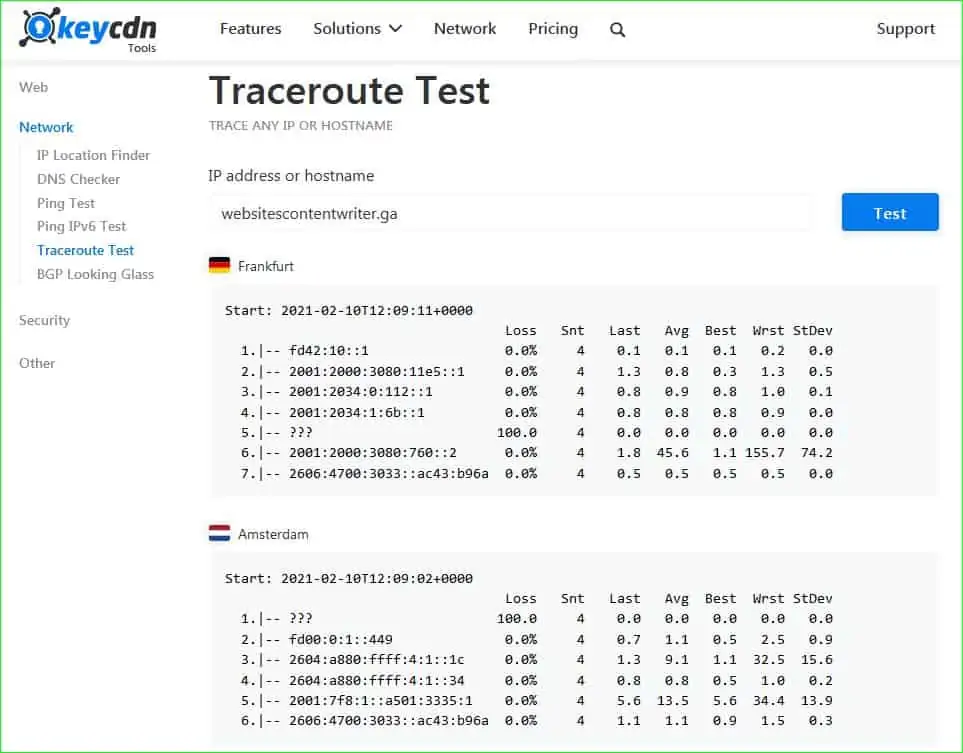 keyCDN traceroute tool