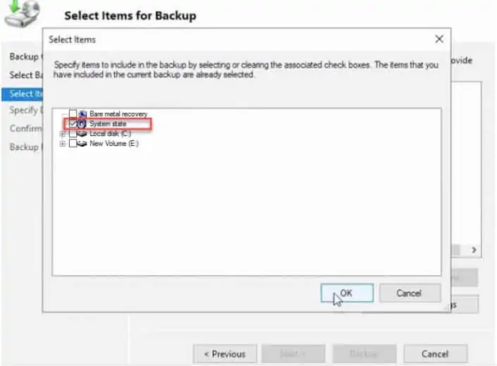 Select Items for Backup - system state