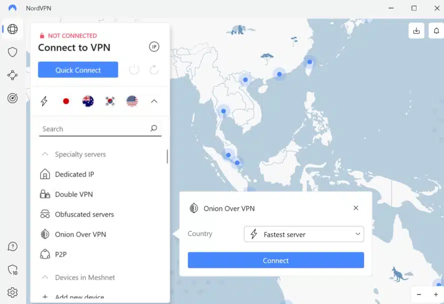 Screenshot of NordVPN's Windows app showing the Onion over VPN server selection menu