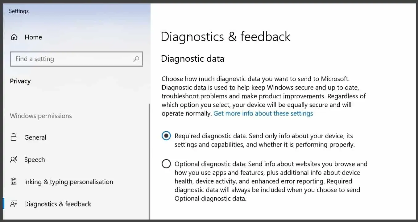 Windows - diagnostic menu screenshot