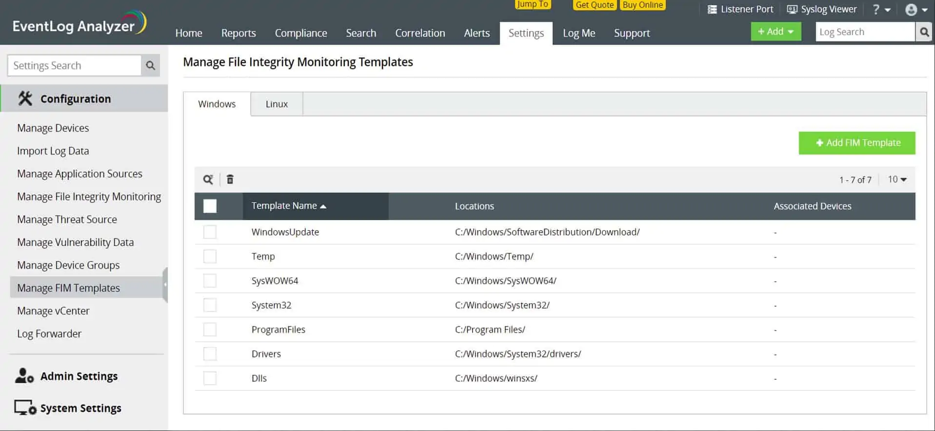 ManageEngine EventLog Analyzer File Integrity Monitoring Templates