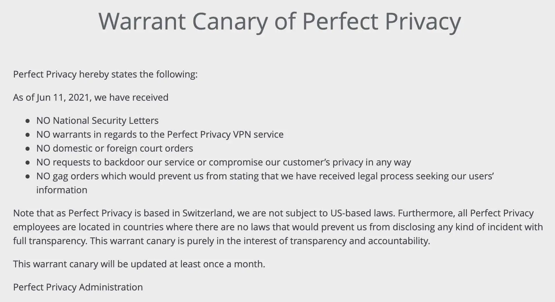 PerfectPrivacy - Warrant Canary