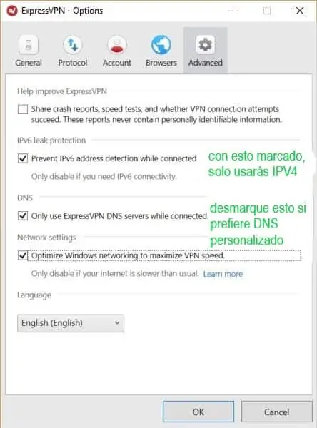Opciones avanzadas de ExpressVPN para Windows