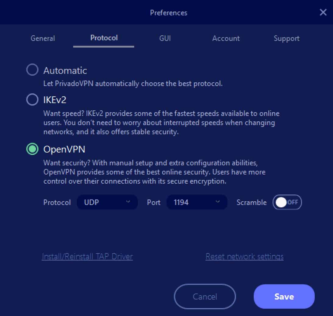 PrivadoVPN - App - Preferences - Protocol