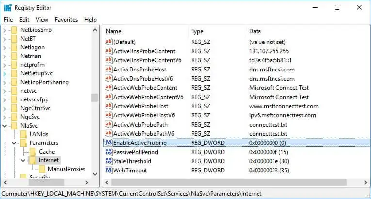 how to disable active probing in the registry
