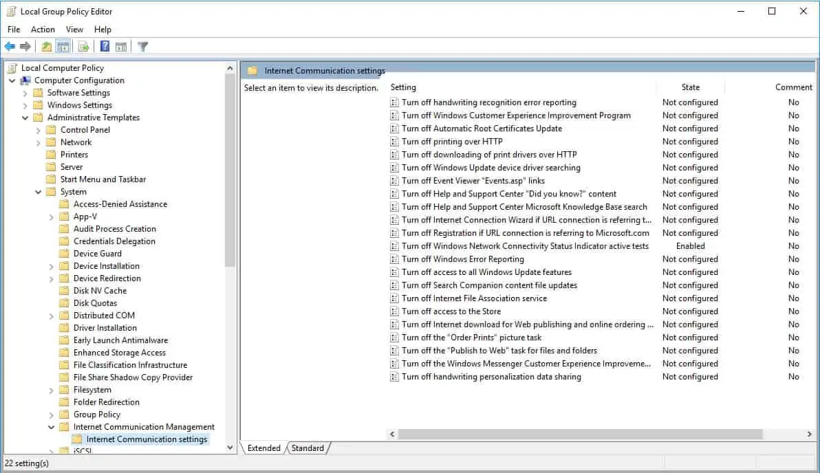 how to disable connection test via Group Policy