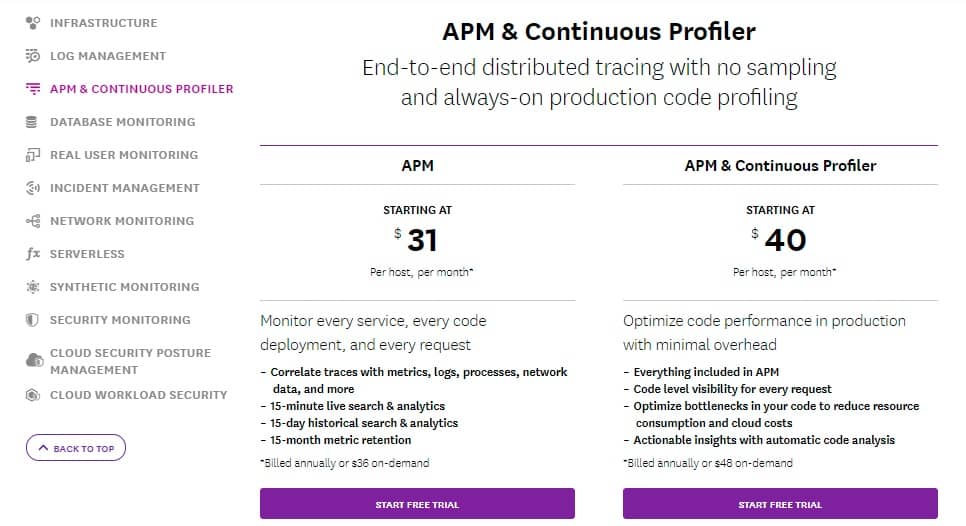 Datadog's price page for the Application Performance Monitor service