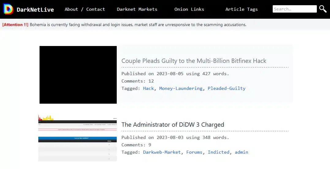 Screenshot of the DarkNetLive homepage