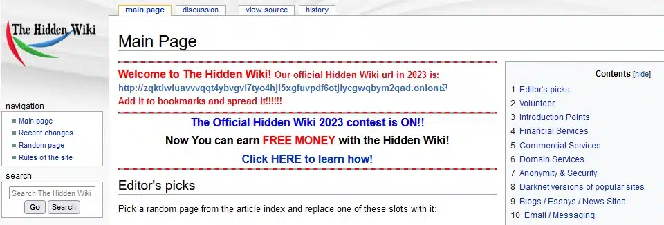 Screenshot of the Hidden Wiki's homepage