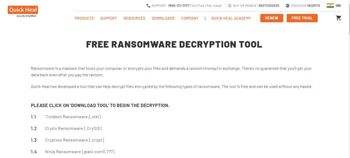 Quick Heal Ransomware Decryption Tool