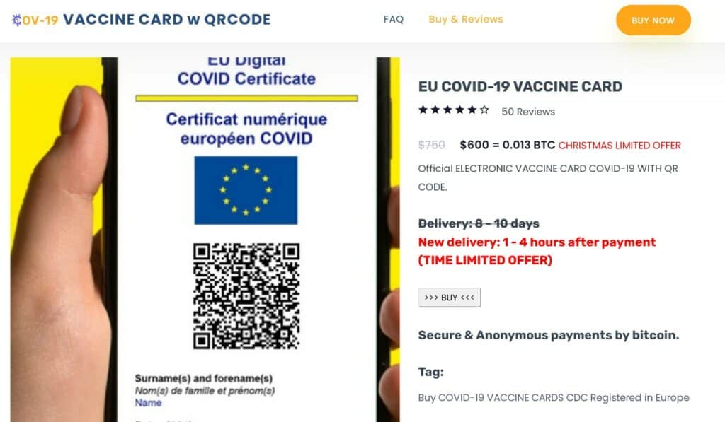 covid vaccine card ad dark web