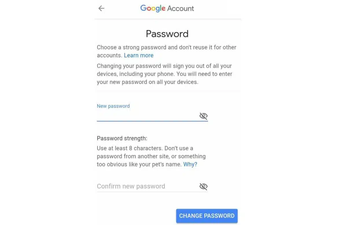 Change Google password on Android