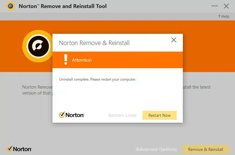 Norton remove and reinstall restart required