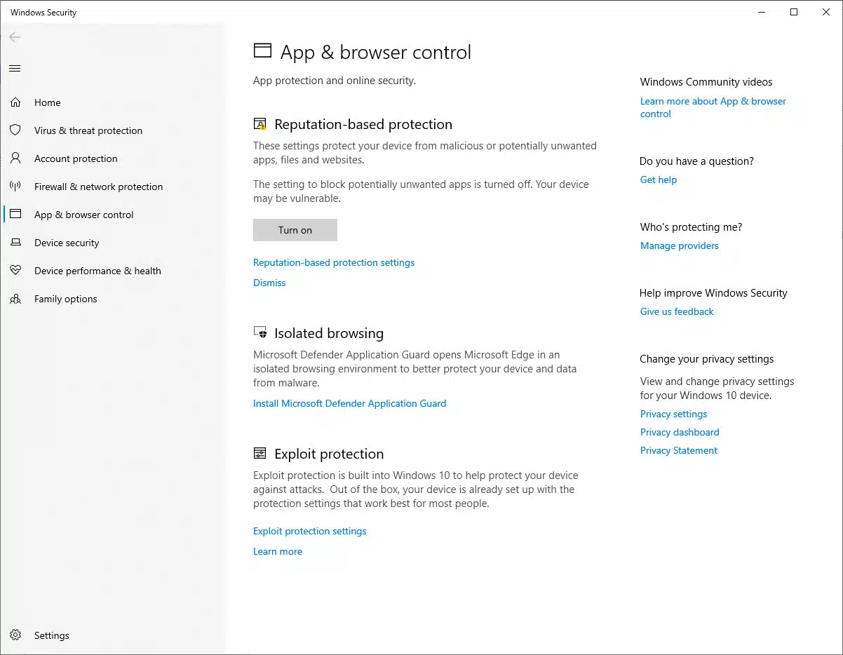 Windows Security app controls