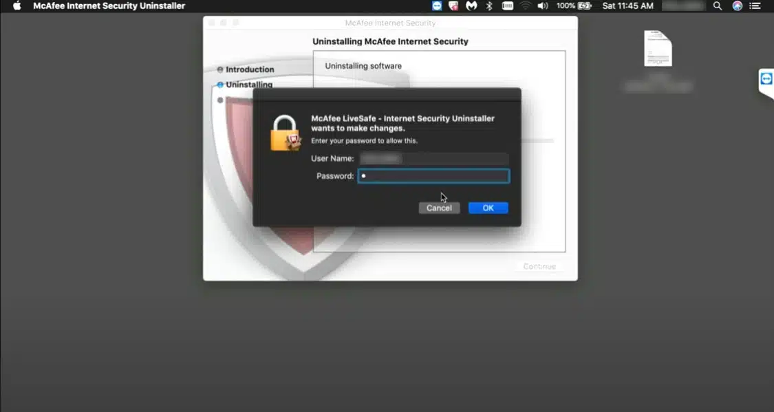 Mcafee uninstaller for Mac admin screen