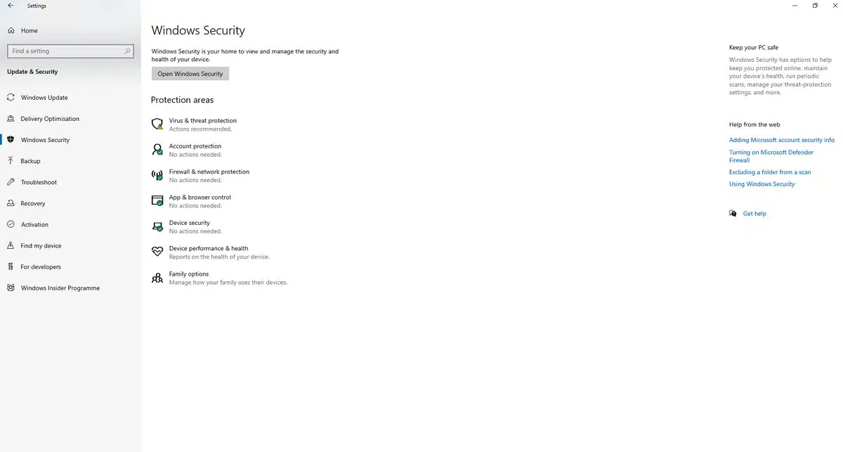 Windows security dashboard