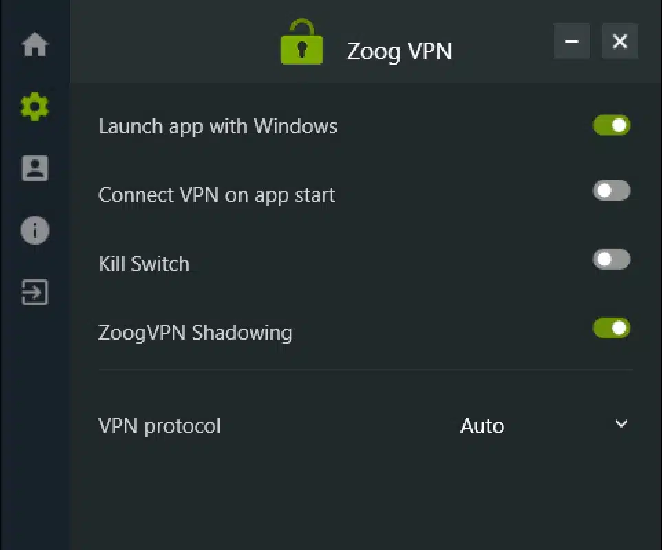 ZoogVPN - Windows App Settings
