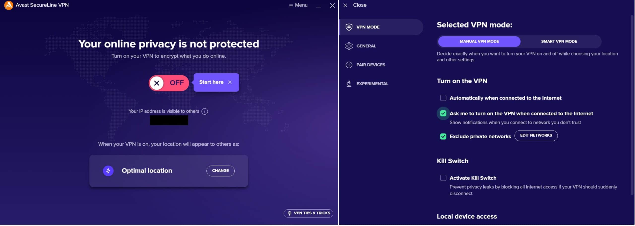 Avast SecureLine's Windows app