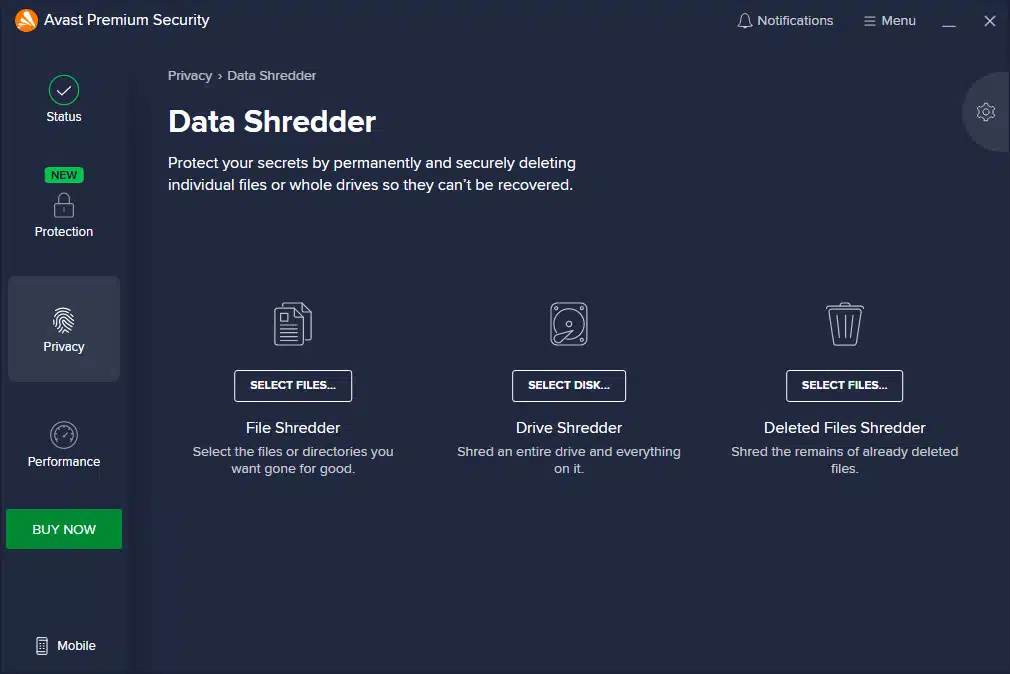 Avast premium data shredder