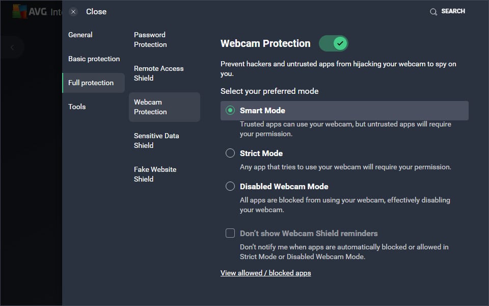 AVG webcam protection settings