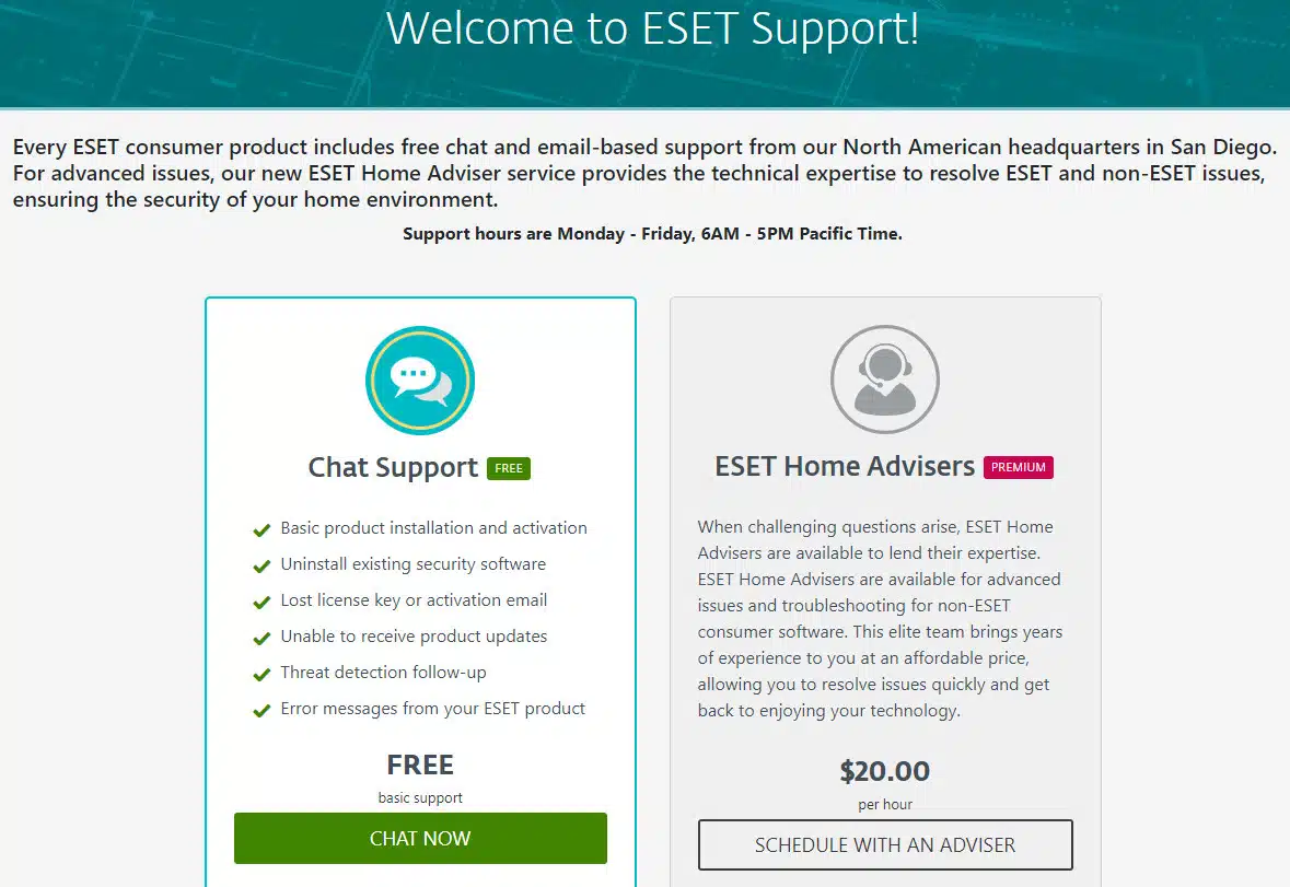 ESET customer support page