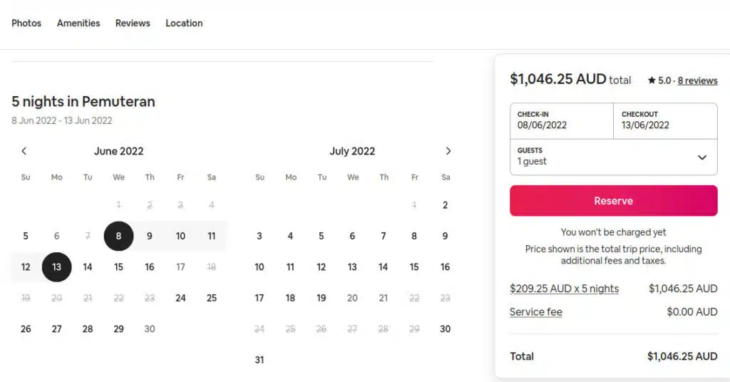 A screenshot showing the lack of AirBnB's drip pricing dark pattern in Australia