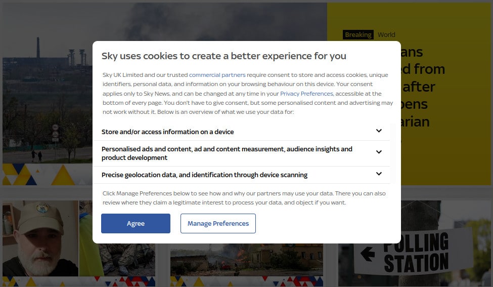 A screenshot showing the dark patterns in sky.news.com's cookie policy.