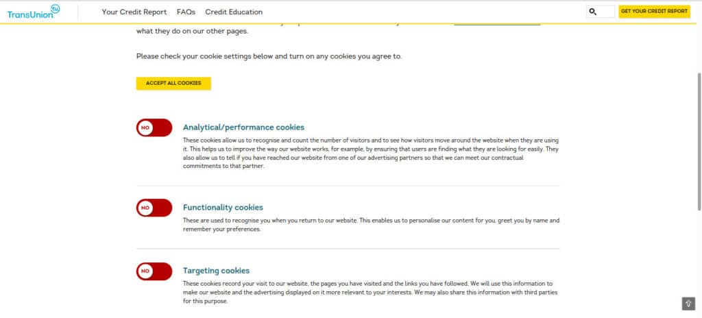 A screenshot showing the dark pattern in TransUnion's cookie settings.