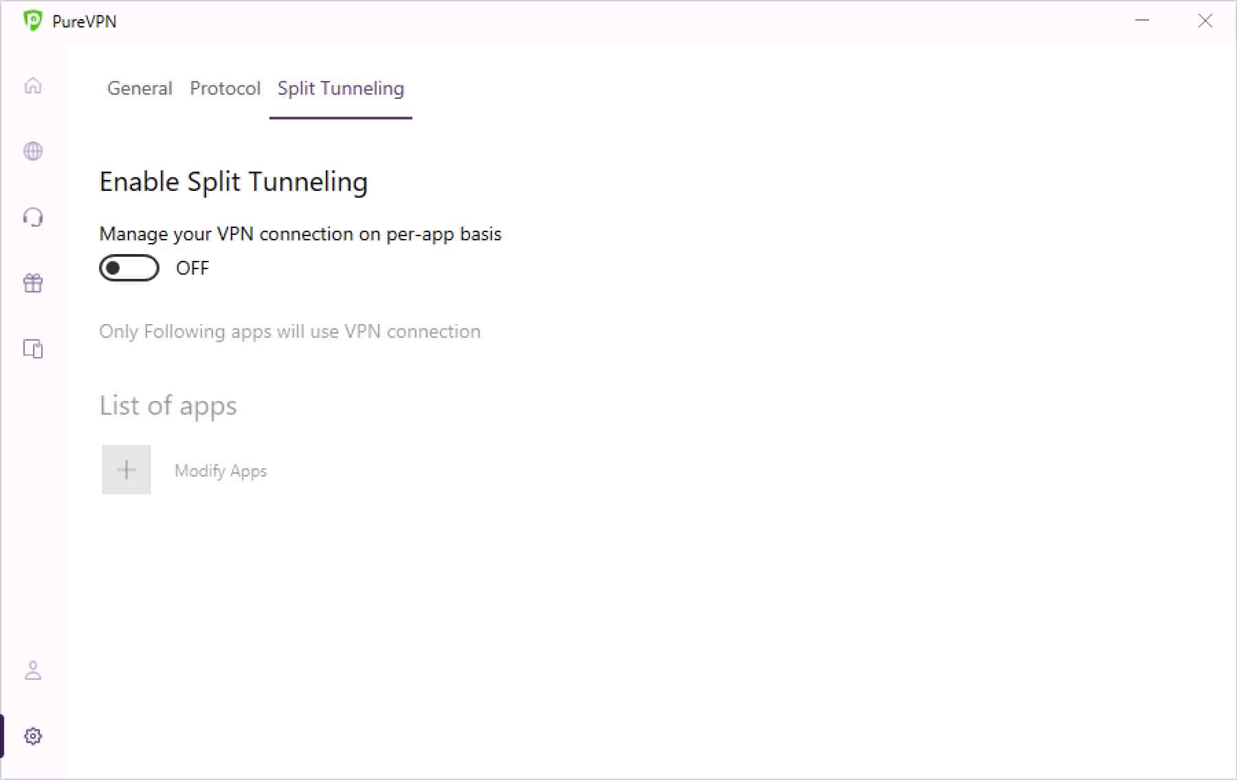 PureVPN - Windows App - Split Tunneling